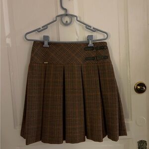 Brown pink pleated plaid wool skirt